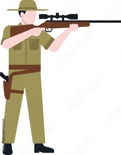 Hunter aiming rifle illustration, wildlife shooting activity concept, outdoor adventure character design, flat vector isolated background