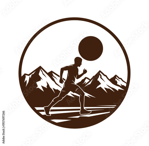 man running in front of mountains and sun in circle frame