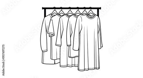 A minimalist black and white drawing depicts hanging clothes on a rack showcasing a striking silhouette high quality professional detailed
