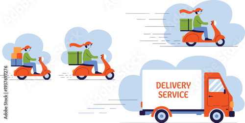 Delivery service workers riding scooters and driving a truck with packages