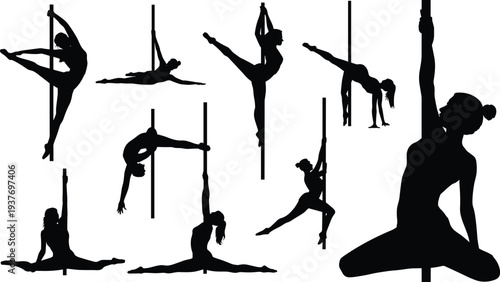 Pole dance silhouette collection, athletic female acrobatic performance poses, fitness training concept, black vector isolated illustration set