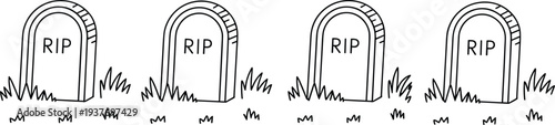 RIP tombstone illustration set, halloween graveyard cemetery icons, spooky death memorial symbol, black and white vector design