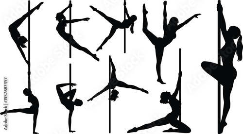 Pole dancing silhouette set, athletic female acrobatic poses, fitness performance art concept, black vector isolated illustration collection