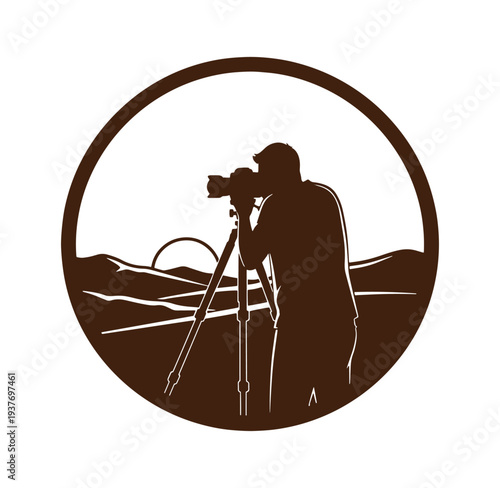 photographer taking picture of landscape with camera on tripod at sunset