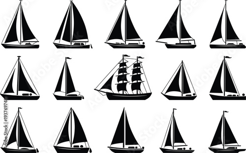 Sailboat silhouette collection, classic sailing yacht and ship set, marine nautical transport design, black vector isolated illustration