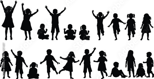 Large collection of happy children silhouettes including boys and girls playing jumping sitting and dancing together in a diverse group isolated on white background.