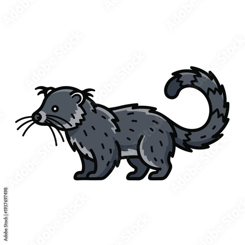Gray cartoon mink with fluffy fur standing on white background