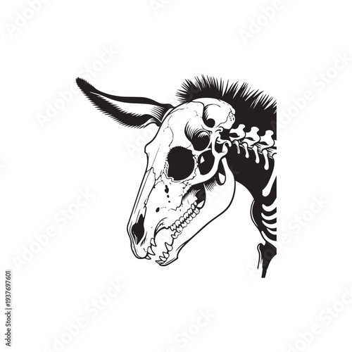A Bold Black And White Vector Illustration Featuring A Stylized Donkey Skeleton. 