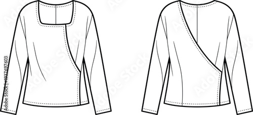 Women's long sleeve asymmetric neckline blouse technical flat sketch, front and back view apparel CAD vector illustration template