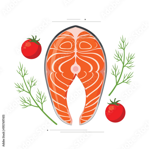 Salmon fillet with tomatoes and herbs on white background