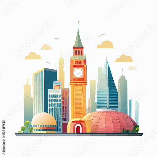 Vibrant urban panorama showcasing diverse architectural styles and famous city landmarks