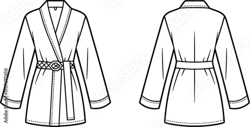 Women's long sleeve wrap mini dress with belt technical flat sketch, front and back view apparel CAD vector illustration