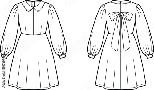 Women's long sleeve Peter Pan collar dress with bow back technical flat sketch apparel CAD vector illustration
