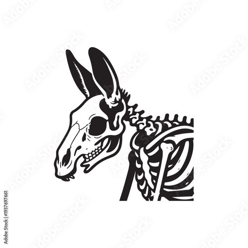 A Bold Black And White Vector Illustration Featuring A Stylized Donkey Skeleton. 