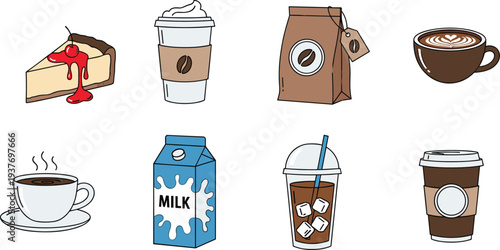 Coffee drinks and dessert collection with latte, cappuccino, iced coffee, takeaway cups, milk carton and cheesecake slice, cozy cafe menu illustration set