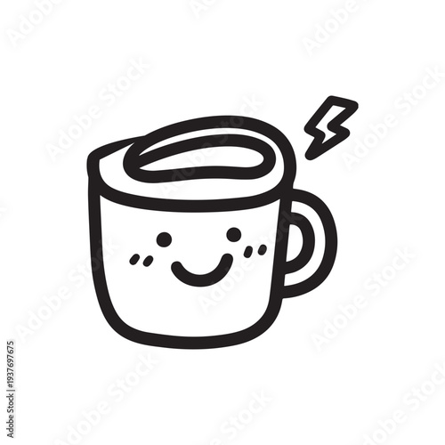 A Cute Animated Coffee Cup Character Winking Happily With Energetic Lightning Bolt Accents. 