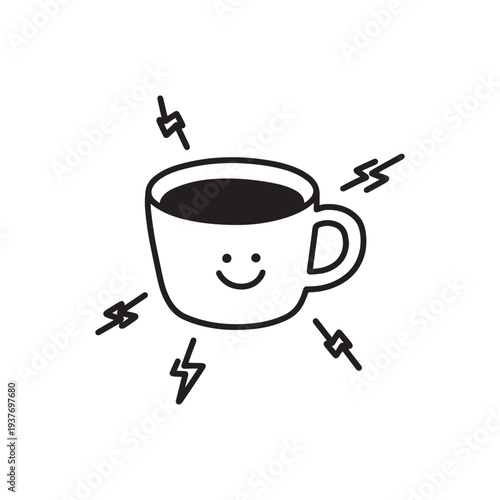 A Cute Animated Coffee Cup Character Winking Happily With Energetic Lightning Bolt Accents. 