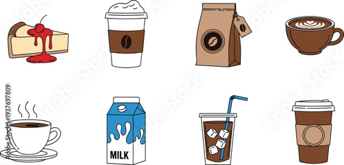 Coffee drinks and dessert icon set with latte, cappuccino, iced coffee, milk carton and cheesecake slice, cafe beverage menu illustration isolated