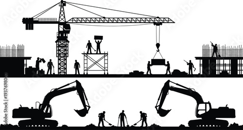 Construction site silhouette with tower crane, excavators and workers building structure, industrial engineering and heavy equipment activity illustration isolated on white back