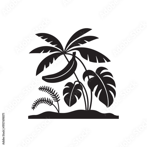Tropical Jungle Plants Banana Palm Monstera Leaves Silhouette Botanical Nature Vector Illustration.
