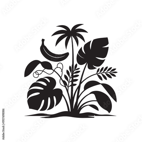 Tropical Jungle Plants Banana Palm Monstera Leaves Silhouette Botanical Nature Vector Illustration.
