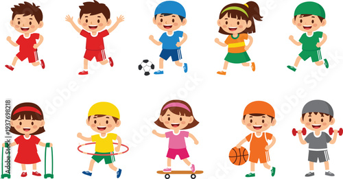 Cute cartoon kids playing sports and exercising collection featuring running, soccer, basketball, skateboarding and fitness activities illustration set for children sports and healthy lifestyle
