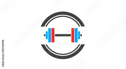 A stylized illustration of a dumbbell with red and blue weights inside a circular frame.