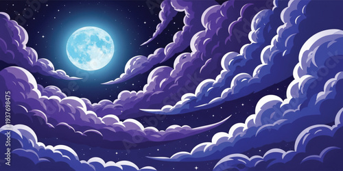 Fantasy Night Sky Background with Full Moon Stars and Dramatic Clouds in Dark Blue for Dreamy Nature Landscape Illustration