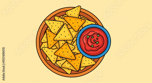 A top-down view of a bowl filled with crispy tortilla chips and a small dish of red salsa.
