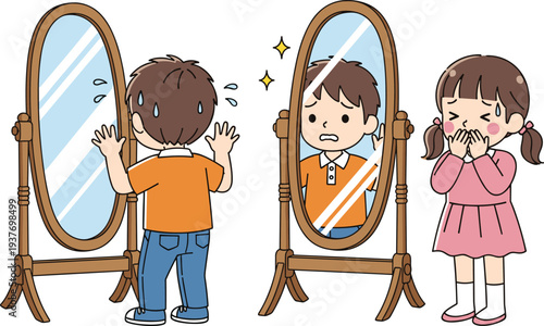 Cute children looking in mirror cartoon illustration showing kids emotions, self reflection, surprise and embarrassment concept for education, psychology and childhood behavior