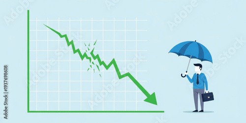 Financial Crisis and Market Downturn Concept with Falling Stock Chart, Businessman Holding Umbrella for Protection, Economic Recession and Risk Management Illustration