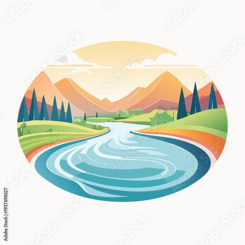 Scenic river landscape with rolling hills, pine trees and a warm sunset sky