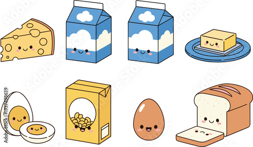 Cute kawaii breakfast food characters collection with milk cartons, cheese, butter, eggs and bread loaf, adorable cartoon dairy and bakery illustration isolated on white