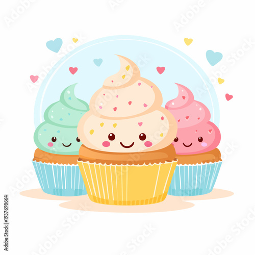 Sweet Delights A Trio of Adorable Cartoon Cupcakes with Frosting and Sprinkles