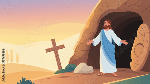 Jesus christ emerging from an empty tomb with a cross in the background at sunrise