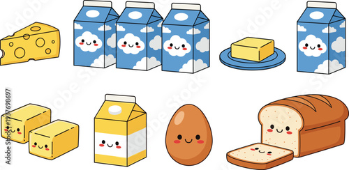 Cute kawaii breakfast food characters set with milk cartons, cheese, butter cubes, egg and bread loaf, adorable cartoon dairy and bakery illustration