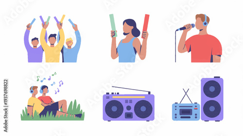 People enjoying music with colorful boomboxes and speakers in a lively outdoor setting with friends dancing and singing