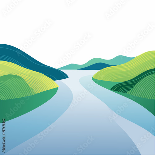 Serene Stylized Landscape Illustration with Winding River and Rolling Green Hills