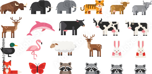 Flat Vector Animal Mega Set with Elephant, Tiger, Cow, Deer, Flamingo, and Raccoon Icons for Children Education, Zoo Infographics, and Web Design Projects