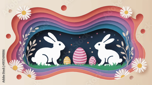 Two white rabbits facing each other on grass with colorful easter eggs and flowers in a whimsical landscape