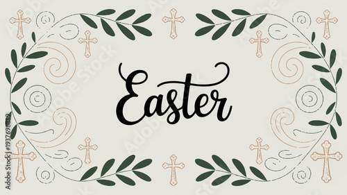 Easter celebration decorative banner with floral wreath and crosses on beige background