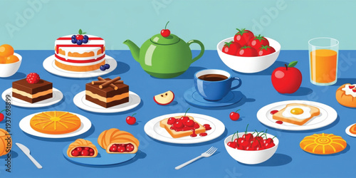 Flat Vector Illustration of a Variety of Breakfast Foods including Cakes, Pastries, Coffee, Tea, Fresh Fruits, and Toast for Culinary and Bakery Designs