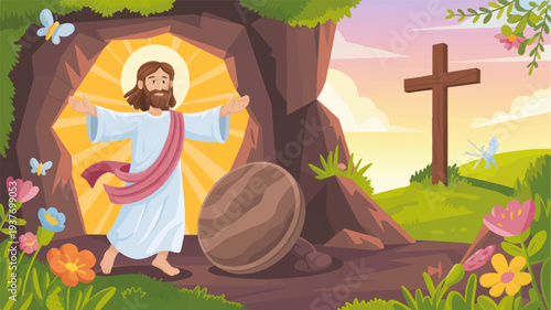 Jesus christ emerging from tomb with crucifix in background at sunrise