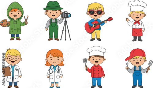 Cute kids professions cartoon characters set including artist, photographer, musician, chef, doctor and scientist representing career dreams, education themes and children learning illustration