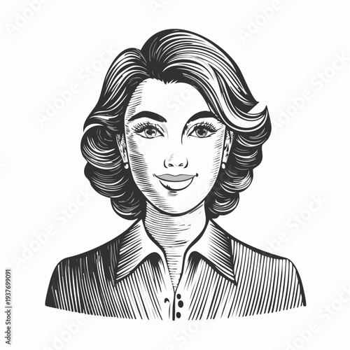 Illustration of a smiling woman in a collared shirt, black and white sketch