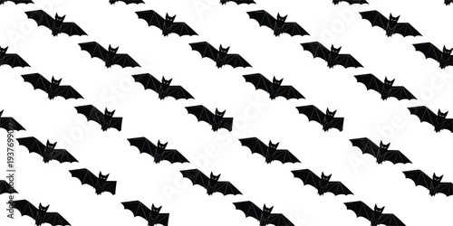 Flying Bat Seamless Pattern with Black Halloween Bats Silhouette Background for Spooky Holiday Decoration, Textile Print, Wrapping Paper, and Surface Design
