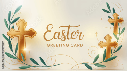 Easter greeting card with golden crosses and green leaves on beige background for holiday celebration