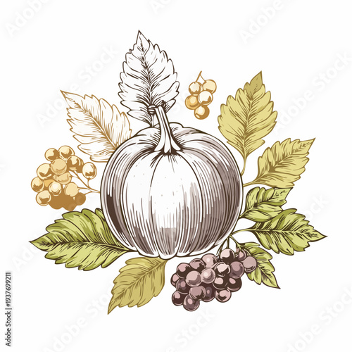 Harvest bounty of a ripe pumpkin surrounded by autumn leaves and ripe berries