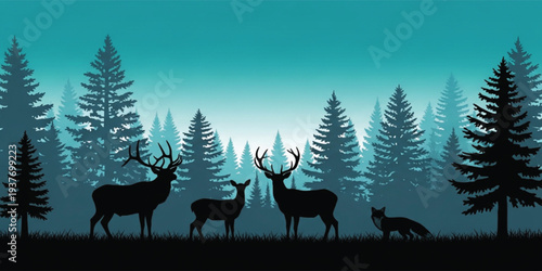 Forest Wildlife Silhouette Scene with Deer Family and Fox in Pine Trees Landscape, Misty Blue Nature Background Illustration for Outdoor and Hunting Designs