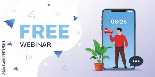 Free Webinar Online Event Promotion with Speaker Using Megaphone on Smartphone Screen for Digital Marketing, Business Training, and Live Streaming Education Concept